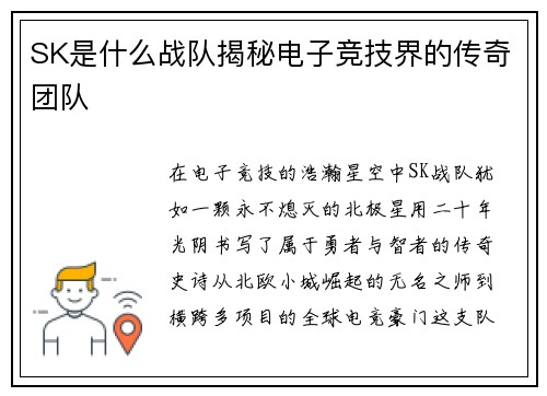 SK是什么战队揭秘电子竞技界的传奇团队