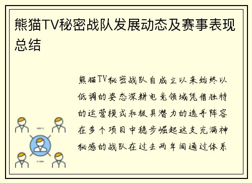 熊猫TV秘密战队发展动态及赛事表现总结